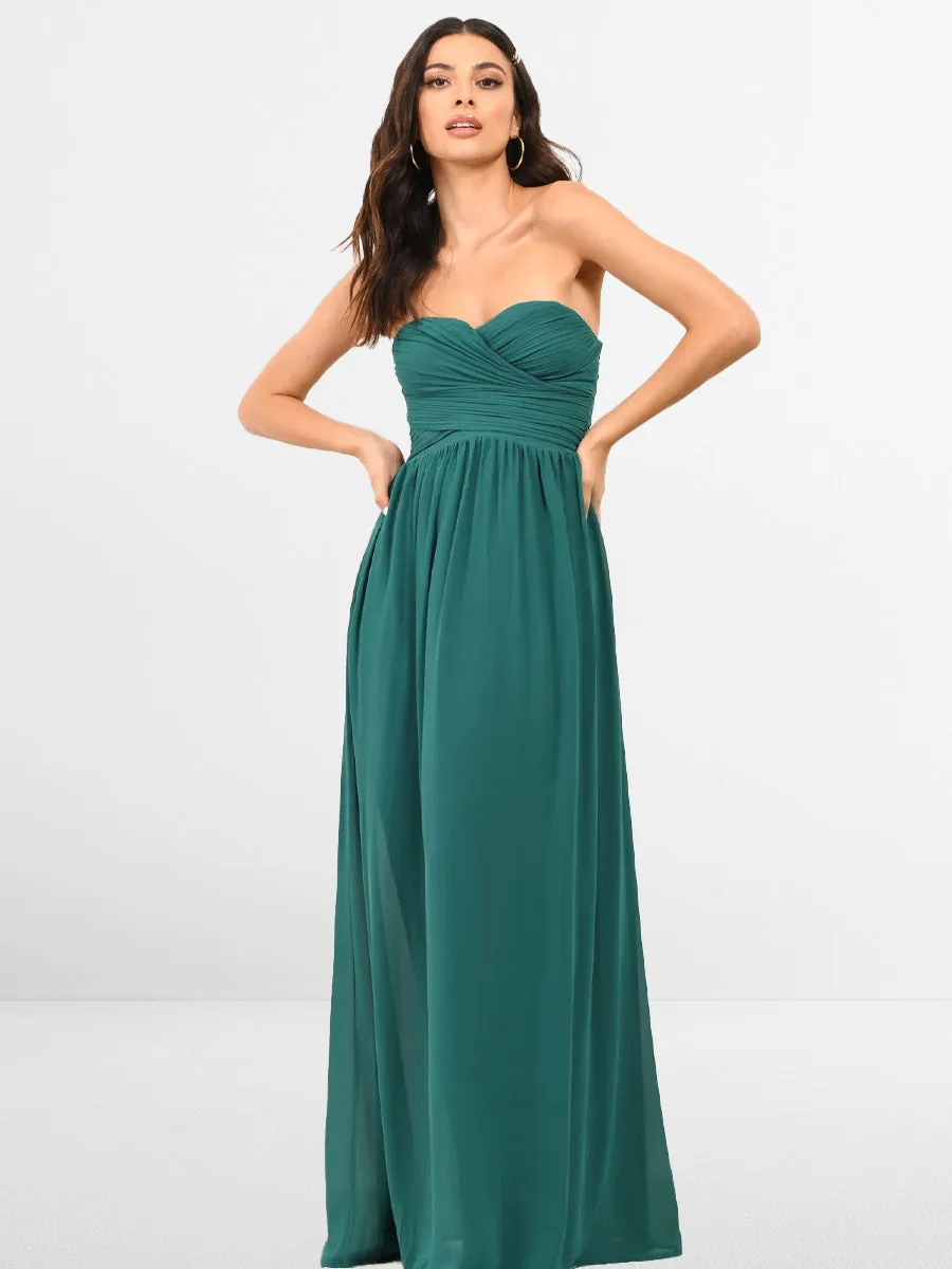 2025 Go Glam Peacock Green Bridesmaid Maxi Dress with Pleated Empire Waist