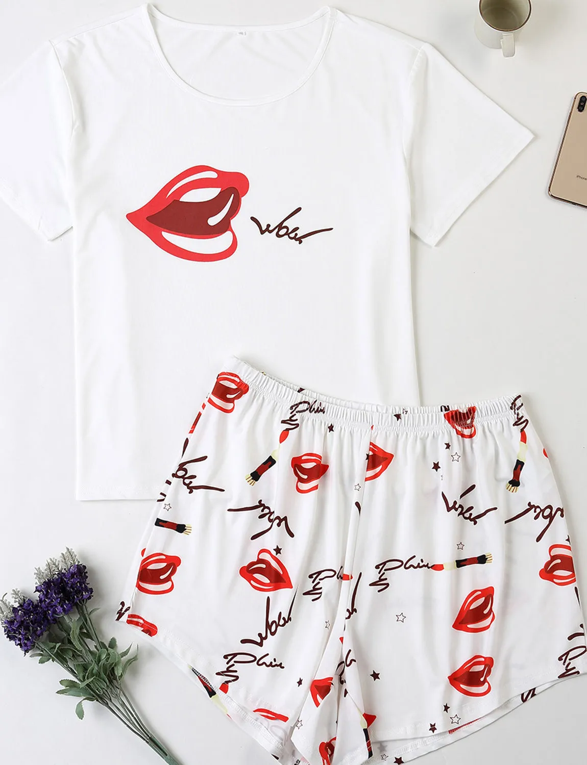 Cotton Lips Printed Women'S Plus Size Pajamas Set