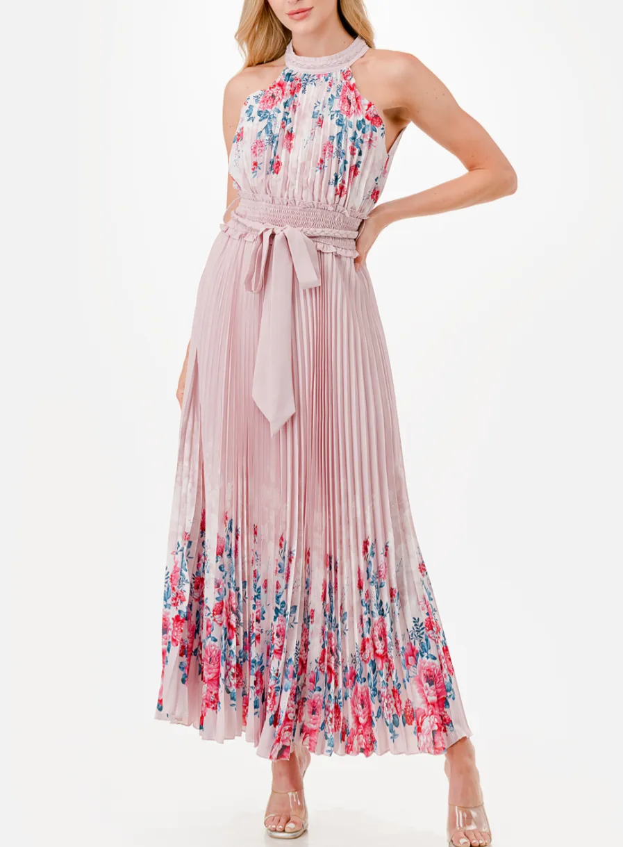 Halter Floral Print Trim Detail Pleated Maxi Dress