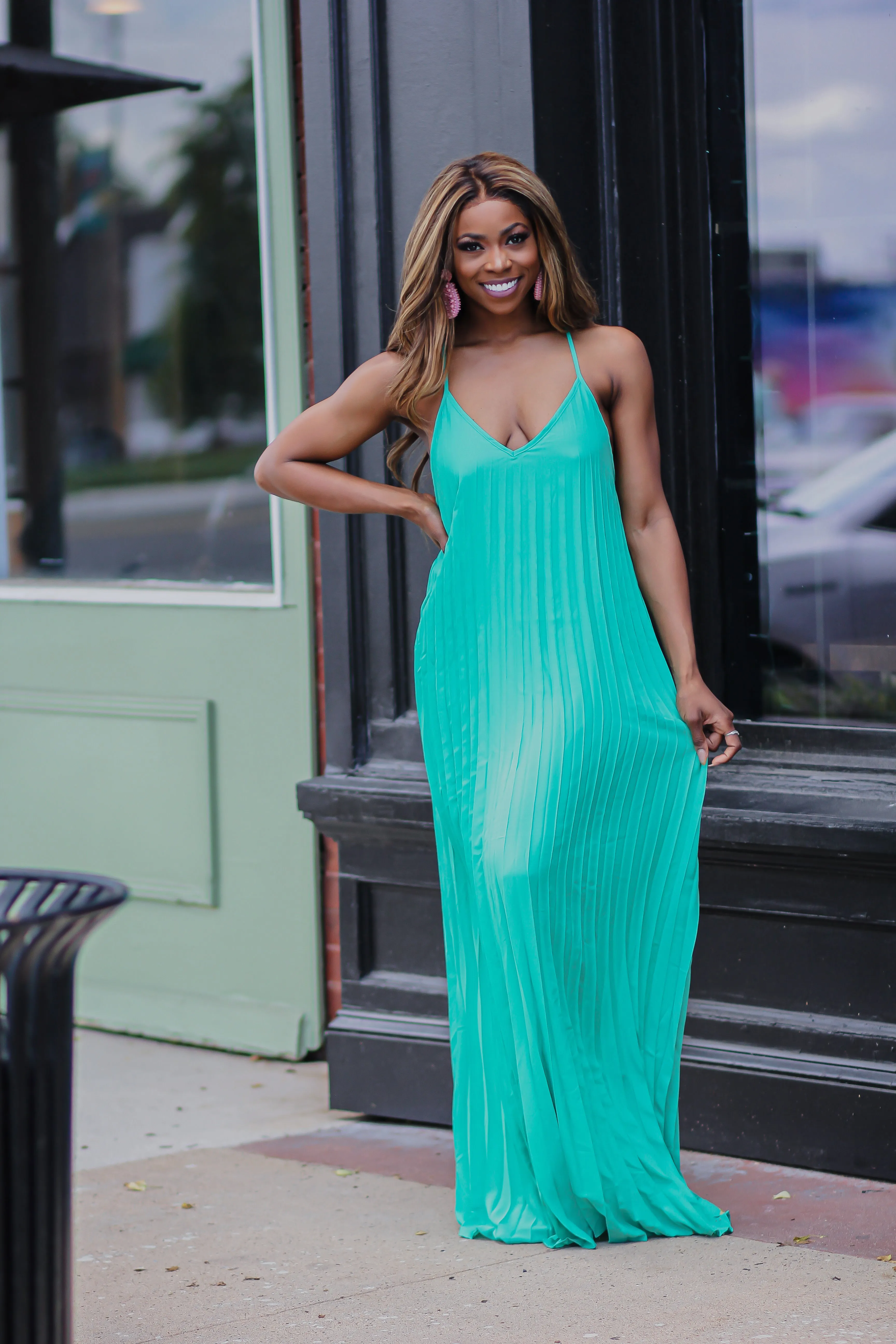Jade Green Sleeveless Pleated Maxi Dress