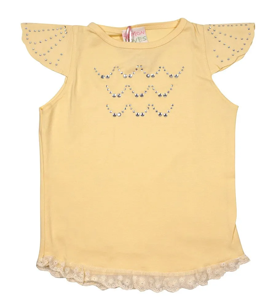 Lemon Loves Lime Girls Double Cream Yellow Gem Top - Lace Trim