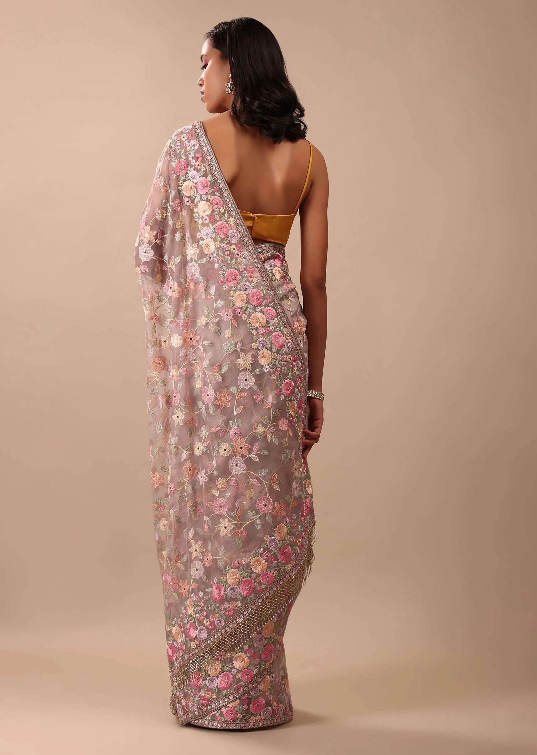Mauve Purple Saree In Organza With Heavy Embroidery And A Tassel Jaal Pallu