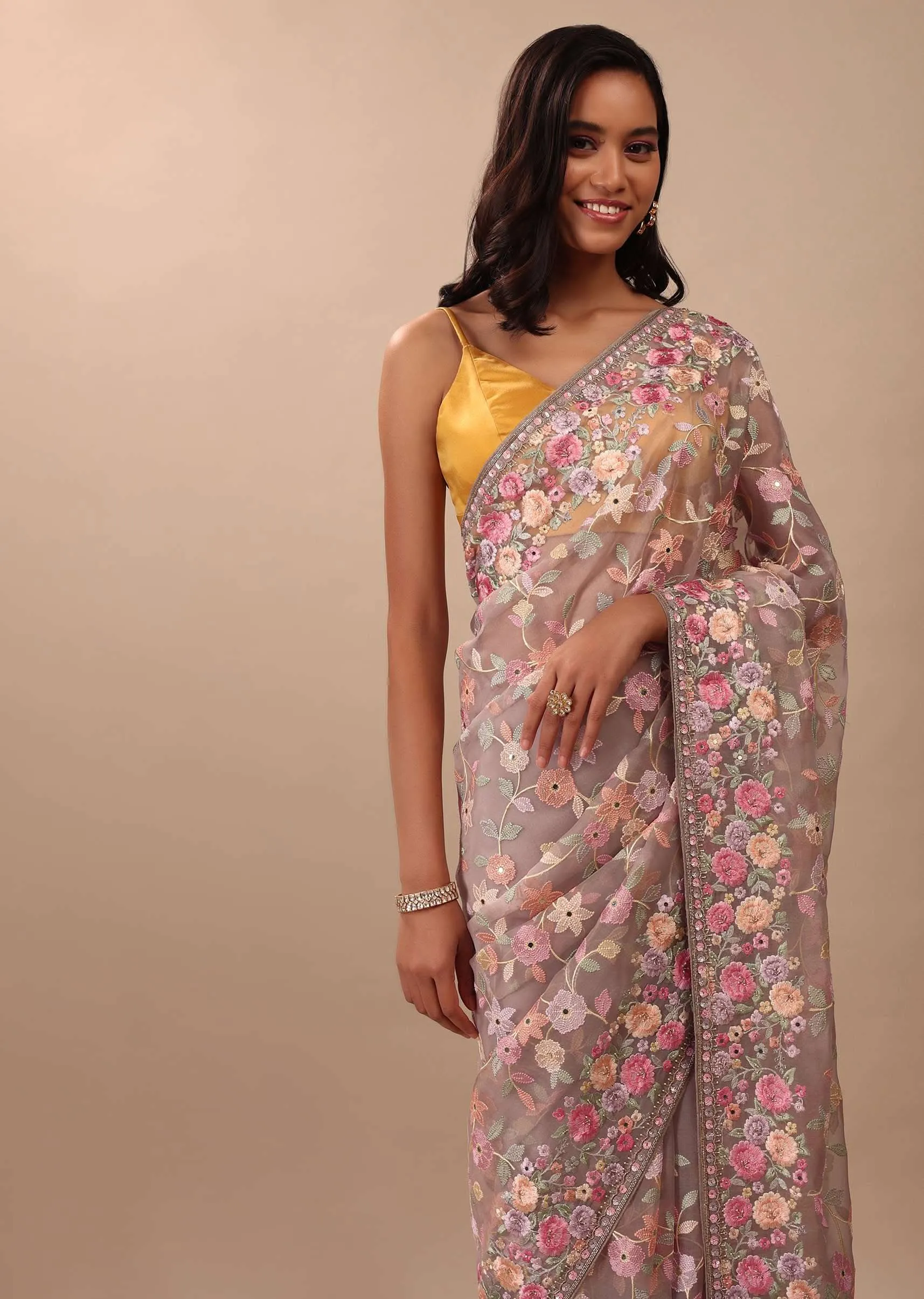 Mauve Purple Saree In Organza With Heavy Embroidery And A Tassel Jaal Pallu