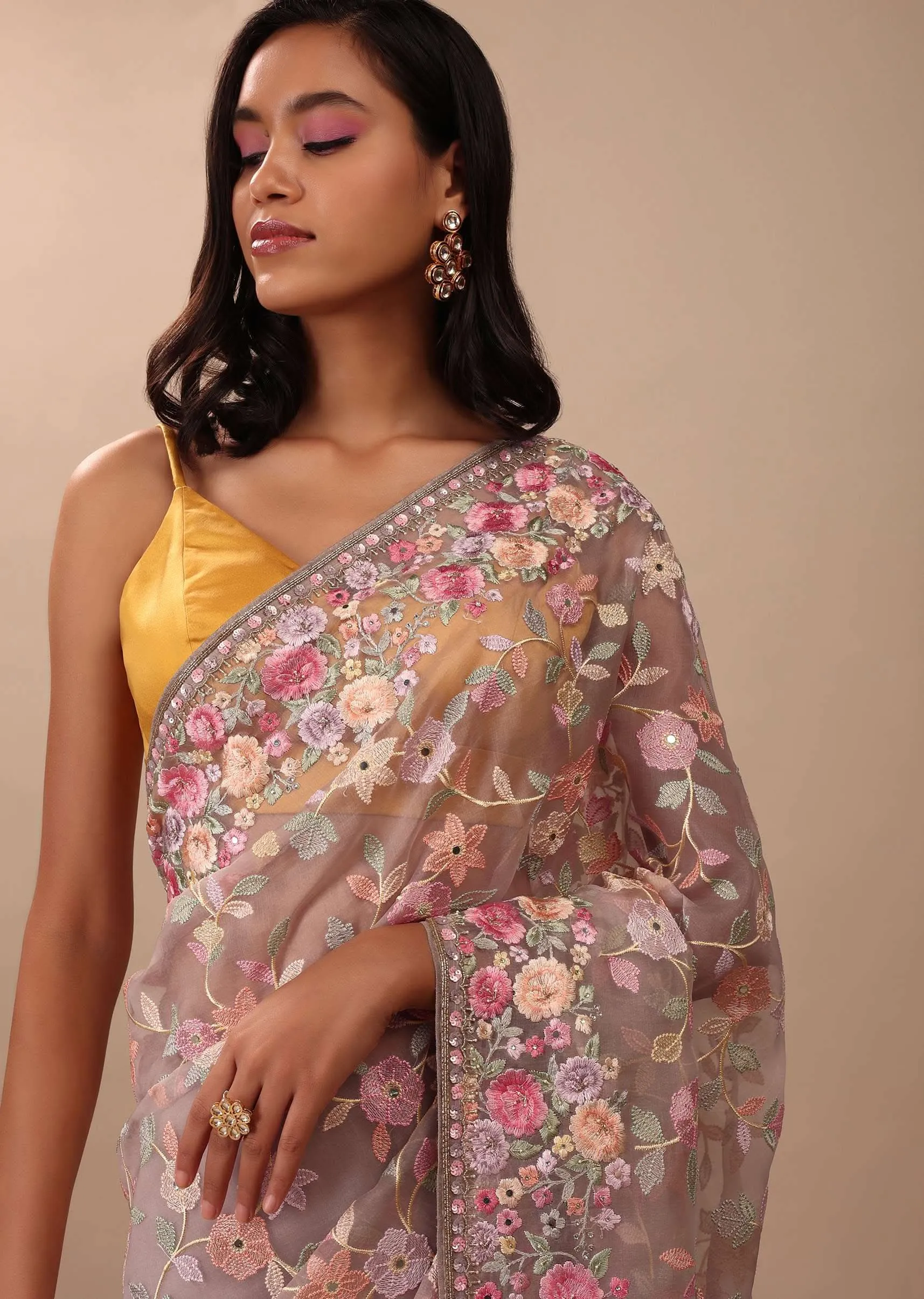 Mauve Purple Saree In Organza With Heavy Embroidery And A Tassel Jaal Pallu