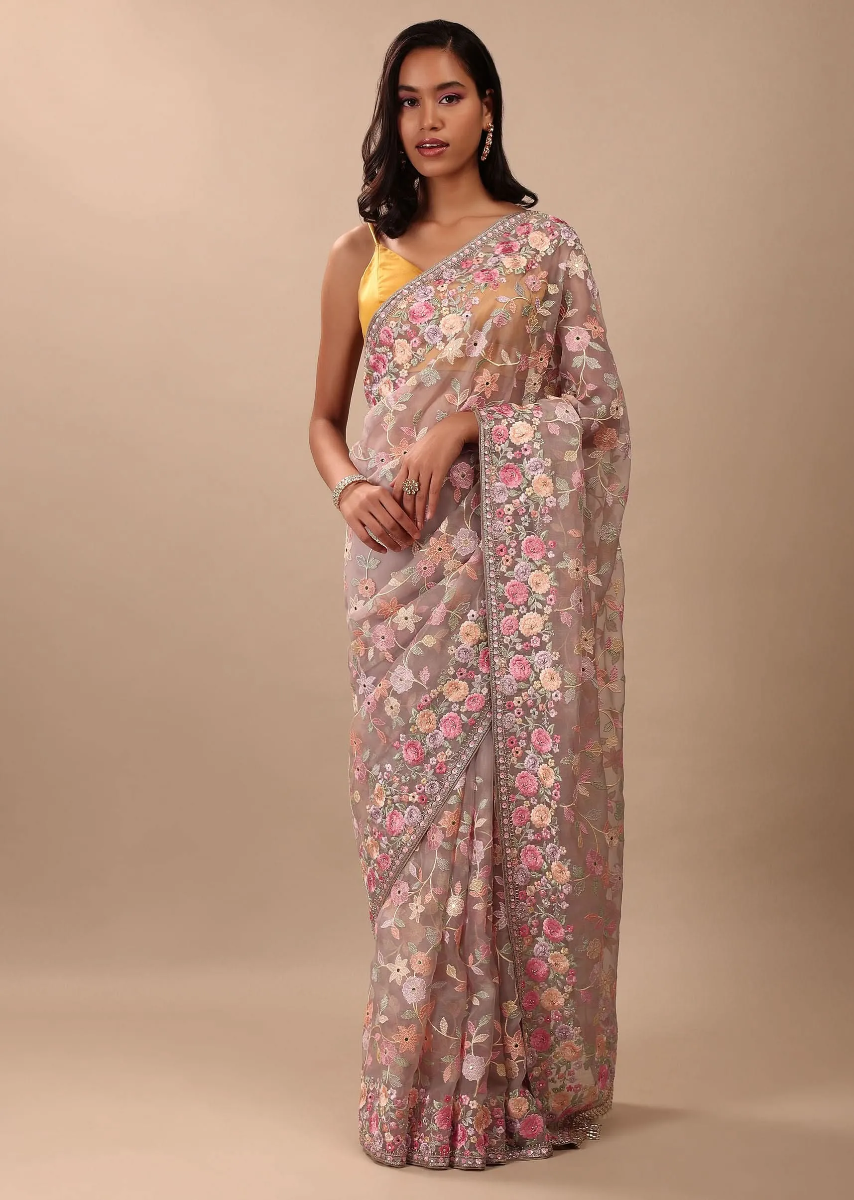 Mauve Purple Saree In Organza With Heavy Embroidery And A Tassel Jaal Pallu