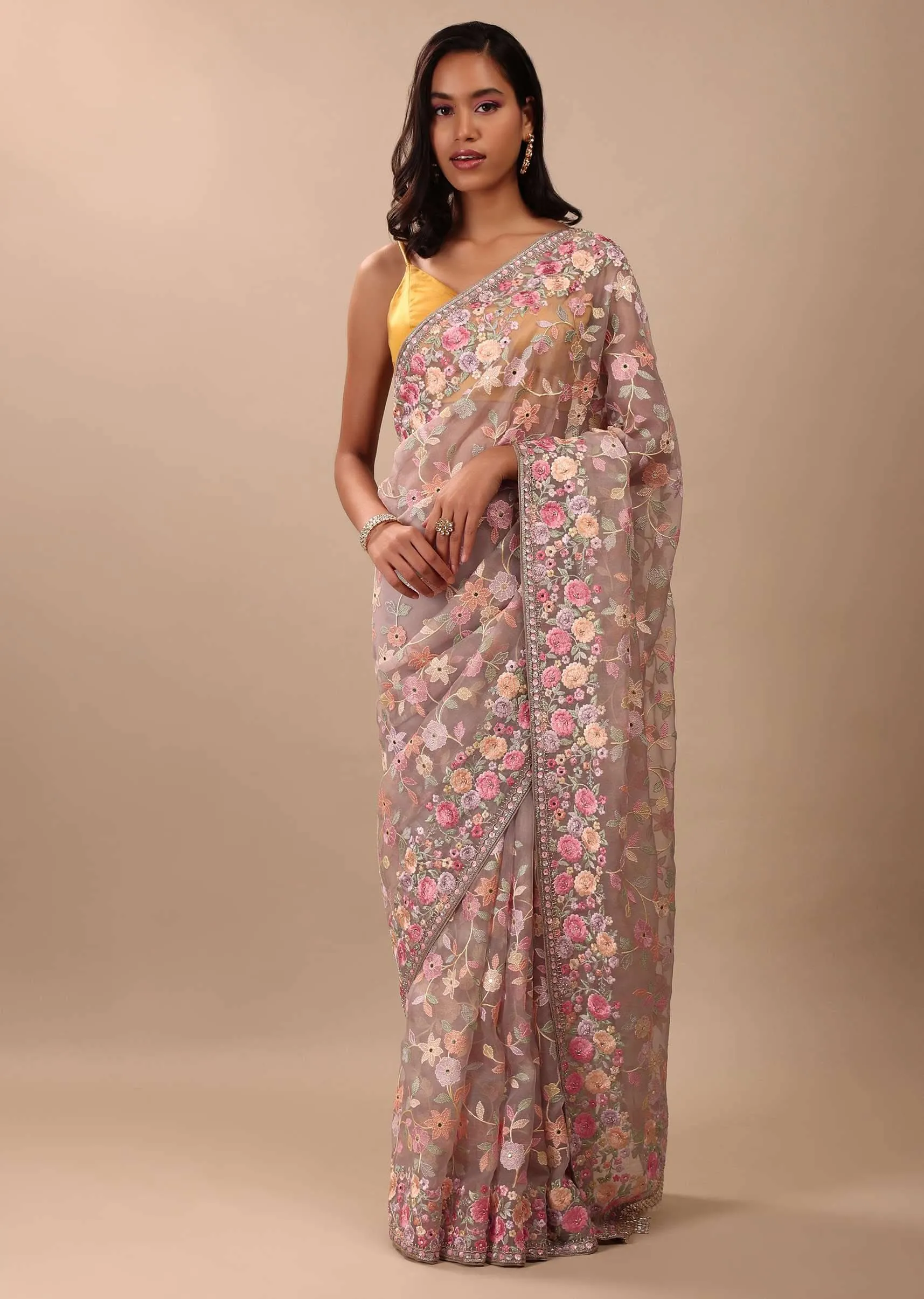 Mauve Purple Saree In Organza With Heavy Embroidery And A Tassel Jaal Pallu