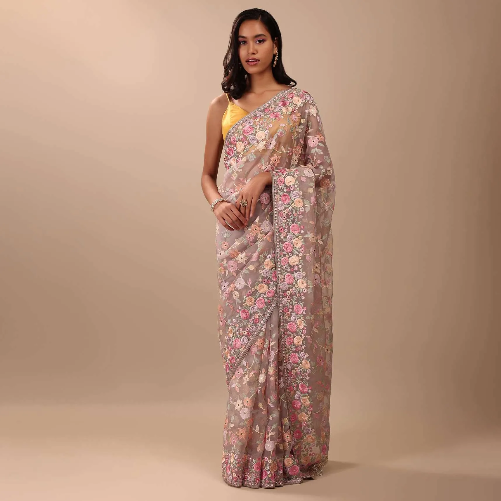 Mauve Purple Saree In Organza With Heavy Embroidery And A Tassel Jaal Pallu