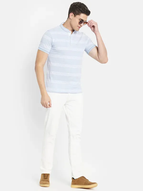 Octave Men Blue Striped Henley Neck T-Shirt