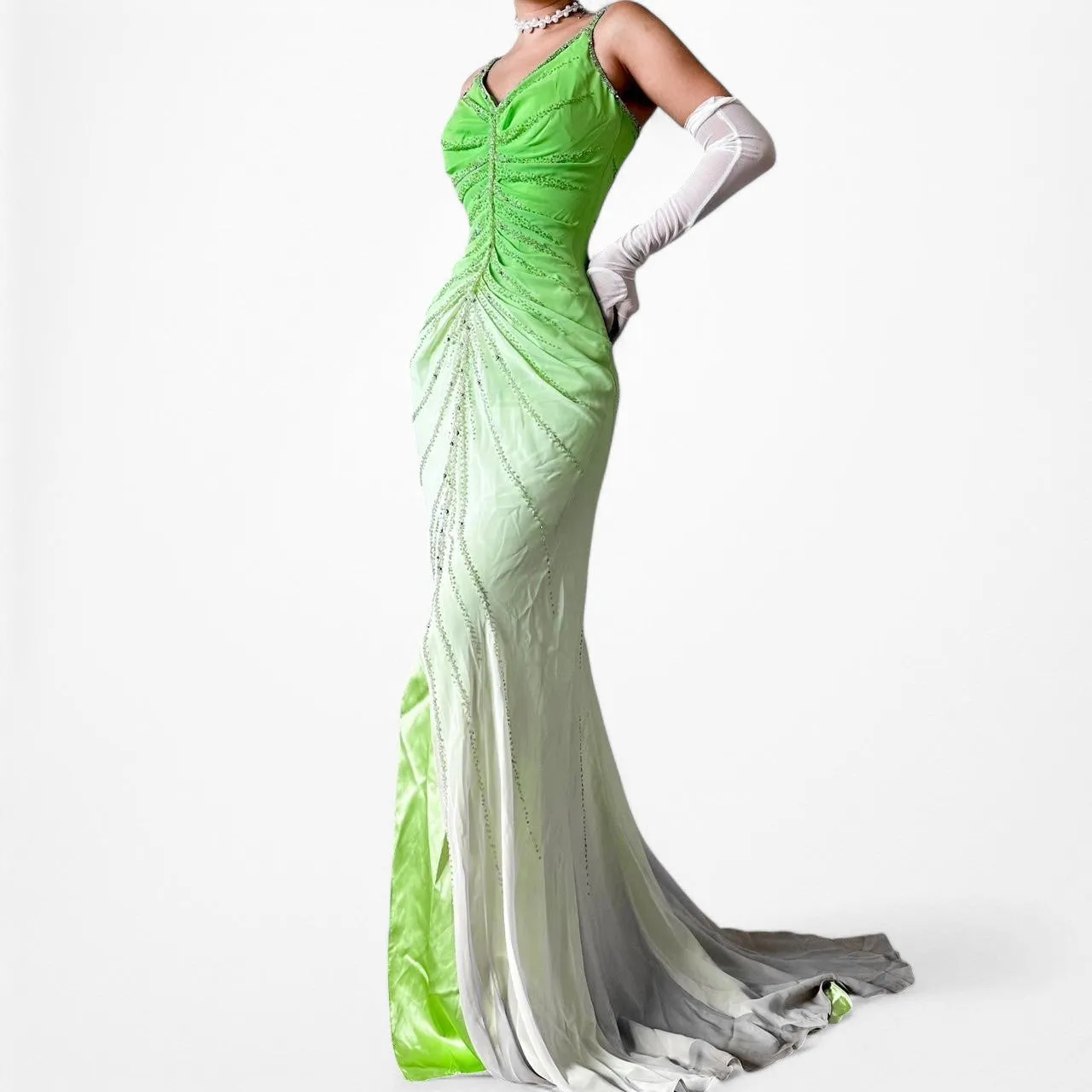 Vintage Green Ombre Beaded Pleated Front Slit Maxi Prom Dress Size XS