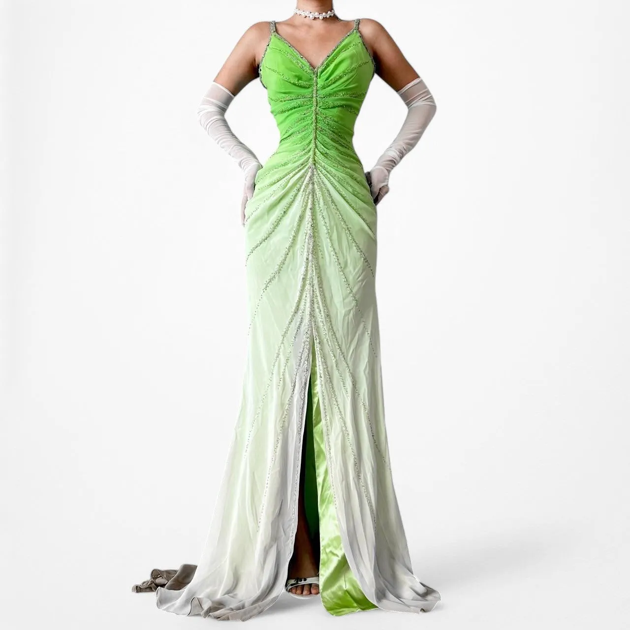 Vintage Green Ombre Beaded Pleated Front Slit Maxi Prom Dress Size XS