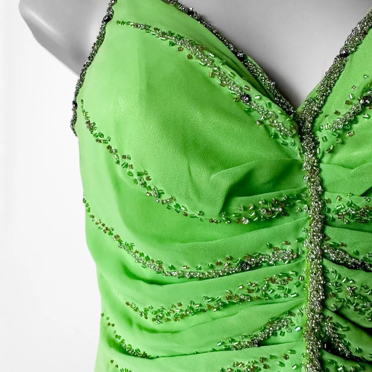 Vintage Green Ombre Beaded Pleated Front Slit Maxi Prom Dress Size XS