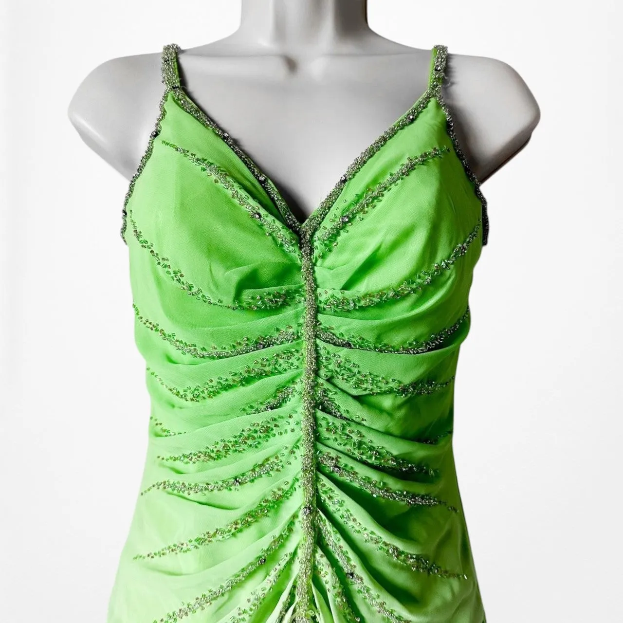 Vintage Green Ombre Beaded Pleated Front Slit Maxi Prom Dress Size XS