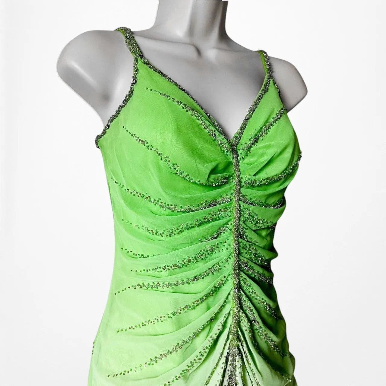 Vintage Green Ombre Beaded Pleated Front Slit Maxi Prom Dress Size XS