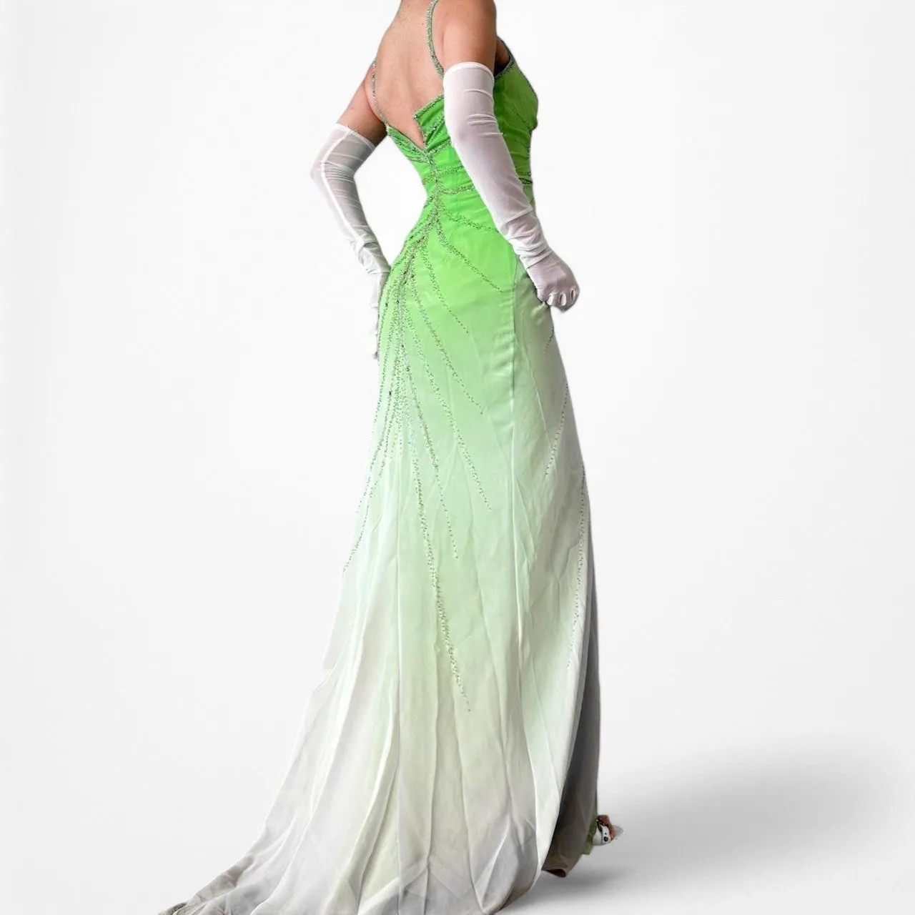 Vintage Green Ombre Beaded Pleated Front Slit Maxi Prom Dress Size XS