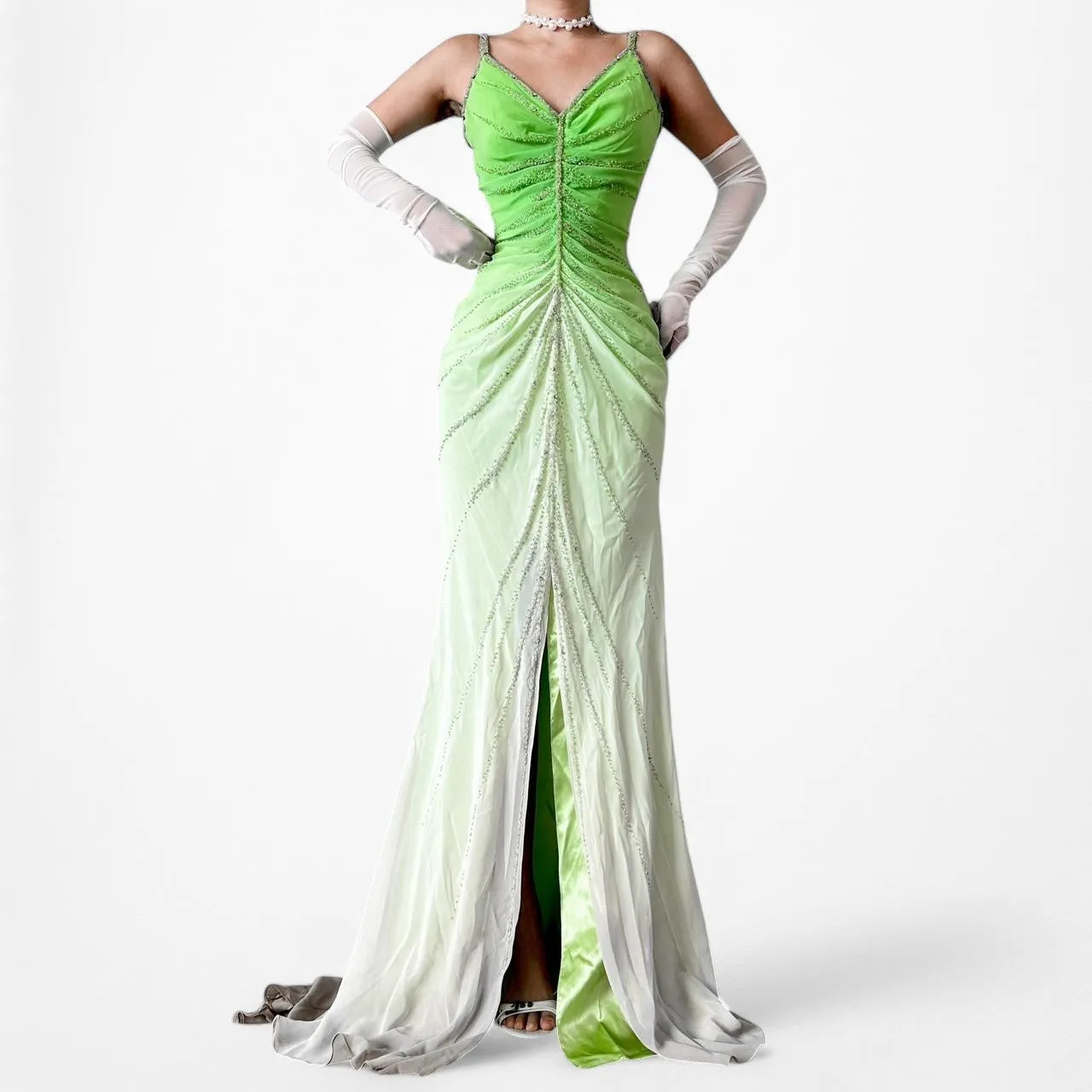 Vintage Green Ombre Beaded Pleated Front Slit Maxi Prom Dress Size XS