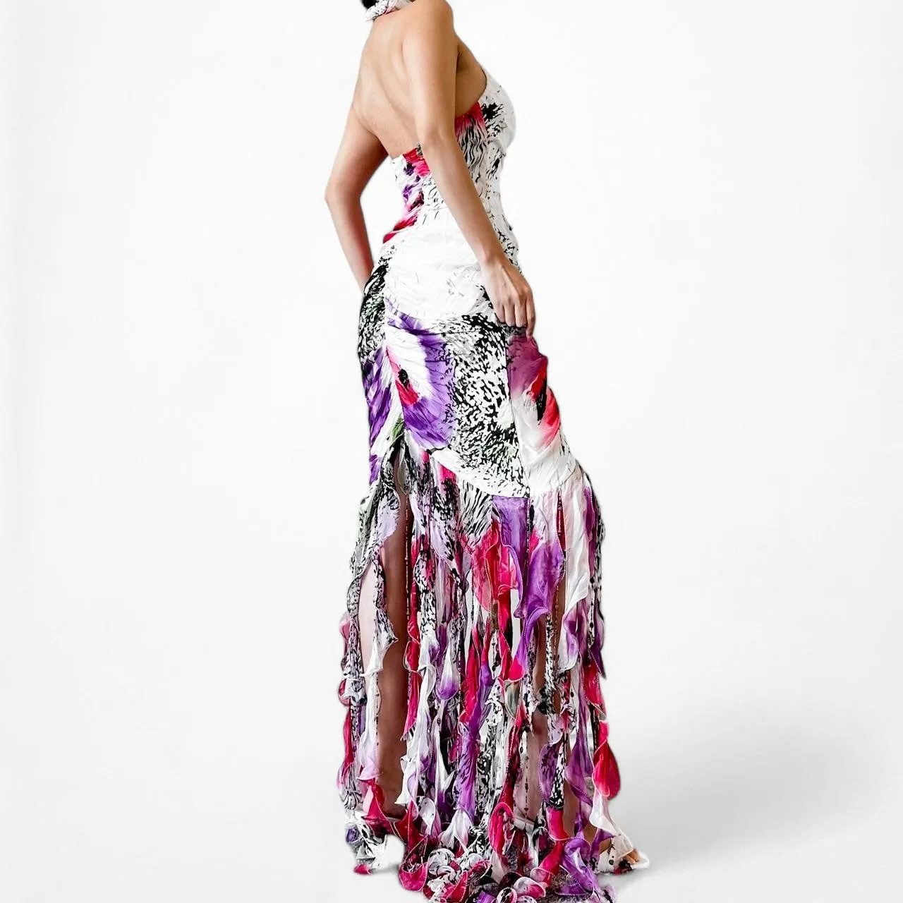 Vintage Pink White Silk Beaded Ruffle Pleated Halter Maxi Prom Dress Size S/M